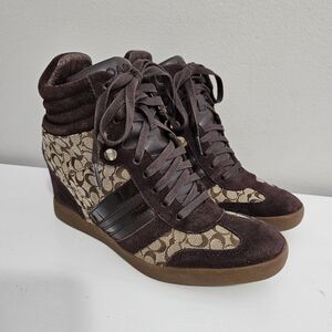 Vintage Coach Y2K Alara Brown Leather Signature Print Wedge Platform Sneaker